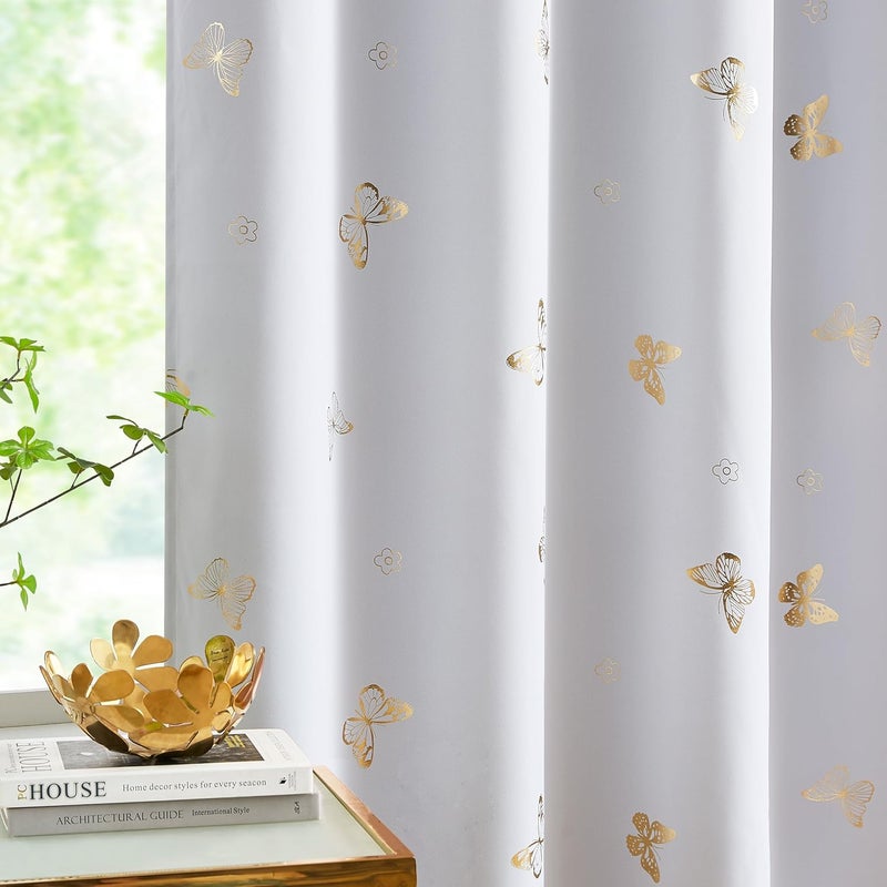 Jubilantex Gold Butterfly Blackout Curtains on Greyish White with Black Layer,Thermal Insulated Window Curtains for Bedroom Girls Room,52x84,2 Panels - Image 3